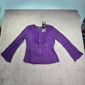 NWT Bhag’s Top Free Size Purple Button Up Boho Hippie Blouse Long Bell Sleeve